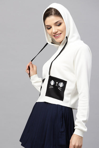Women's Off White Printed Pocket Crop Hoodie