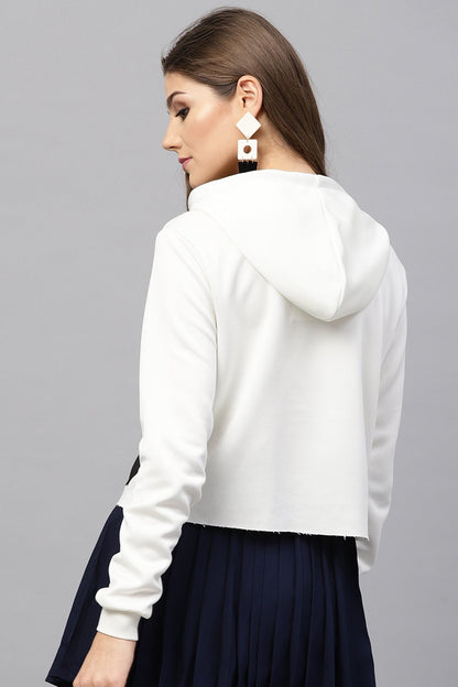 Women's Off White Printed Pocket Crop Hoodie