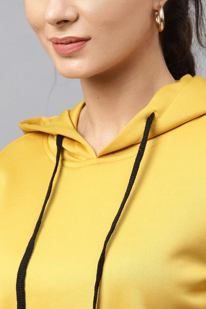Women's Mustard Printed Pocket Crop Hoodie