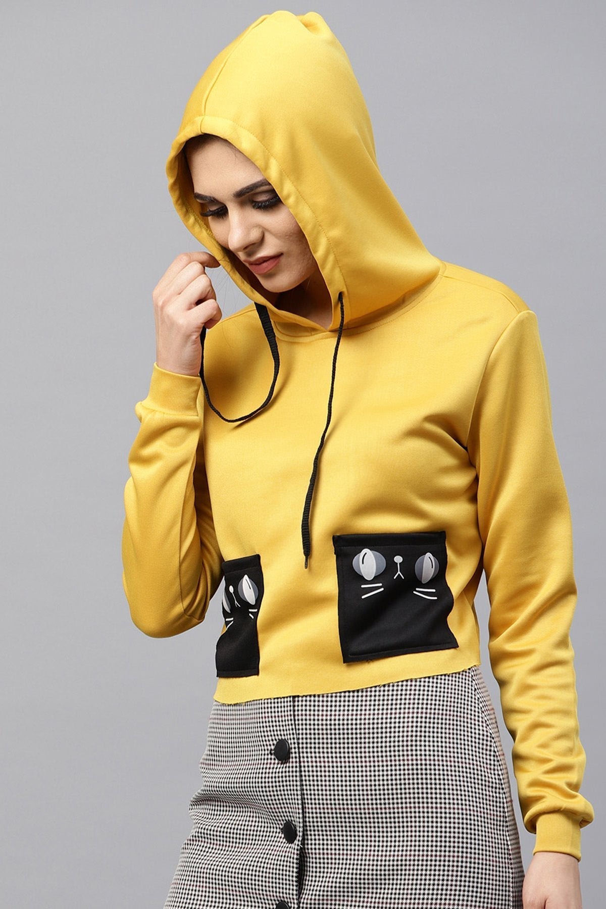Women's Mustard Printed Pocket Crop Hoodie