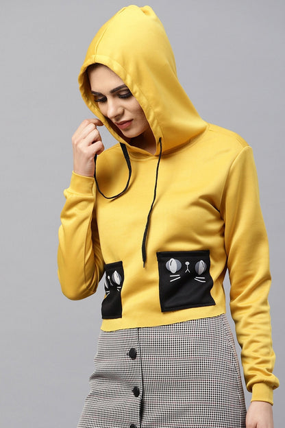 Women's Mustard Printed Pocket Crop Hoodie
