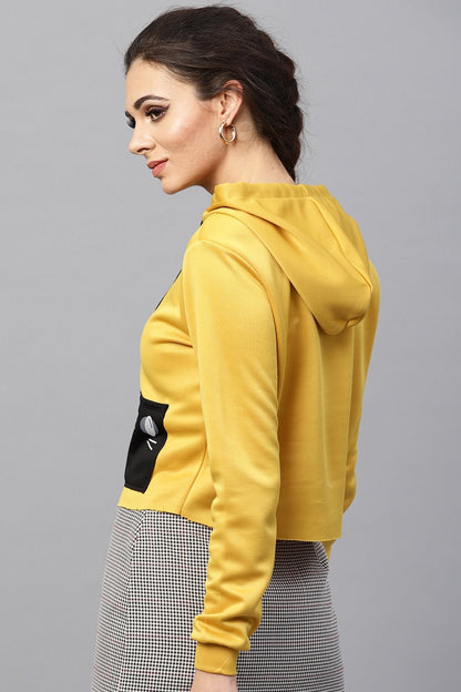 Women's Mustard Printed Pocket Crop Hoodie