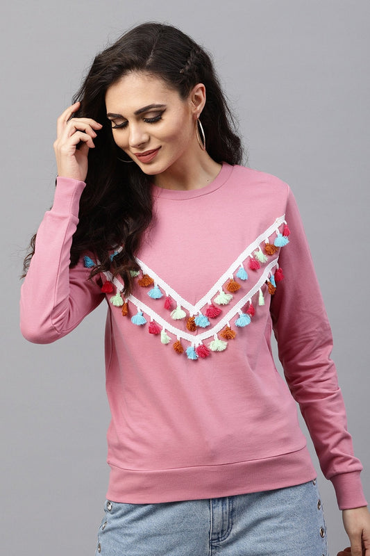 Women's Pink Tasseled Lace Sweatshirt