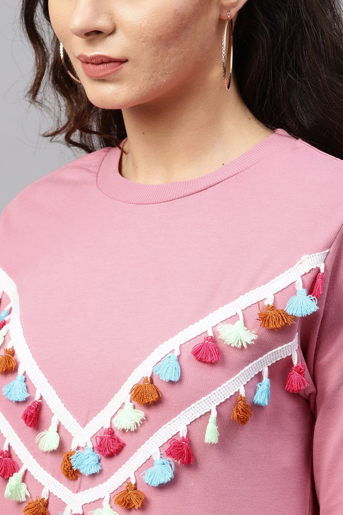 Women's Pink Tasseled Lace Sweatshirt