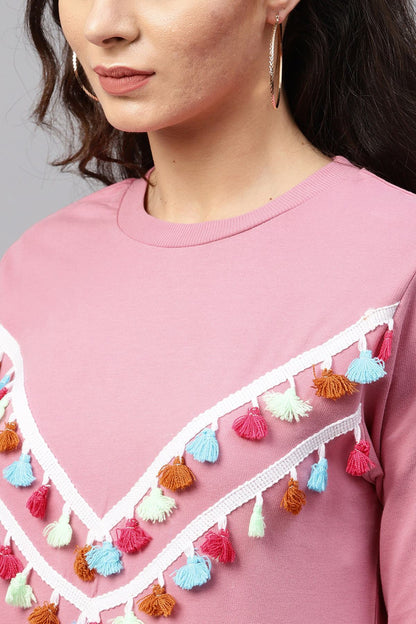 Women's Pink Tasseled Lace Sweatshirt