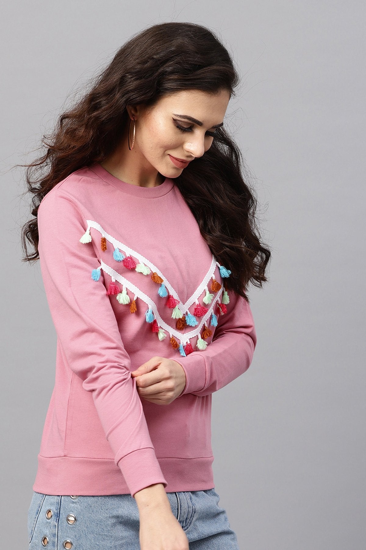Women's Pink Tasseled Lace Sweatshirt