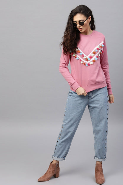 Women's Pink Tasseled Lace Sweatshirt