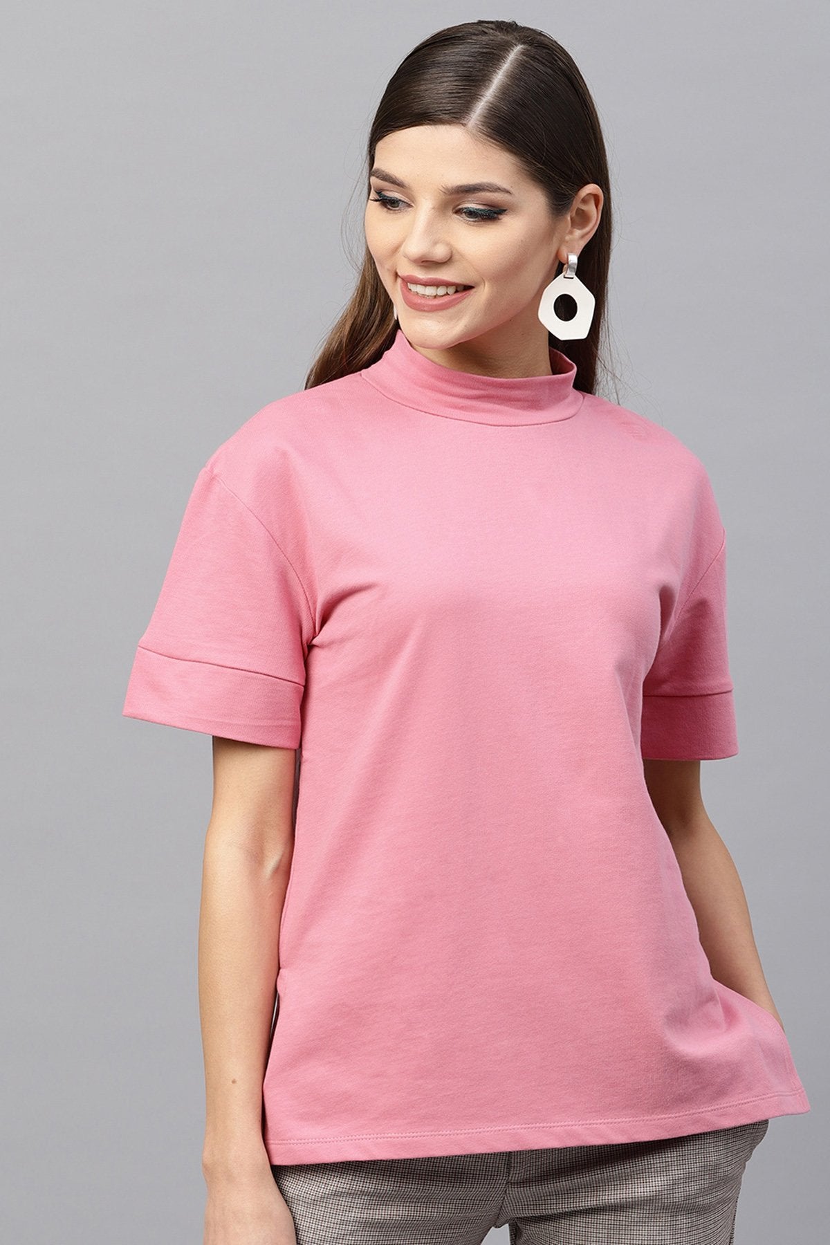 Women's Pink Boxy Turtle Neck Sweatshirt