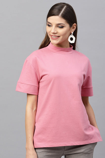 Women's Pink Boxy Turtle Neck Sweatshirt