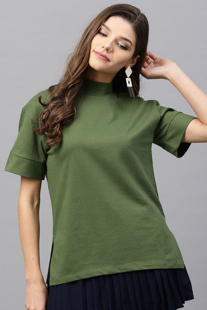 Women's Olive Boxy Turtle Neck Sweatshirt