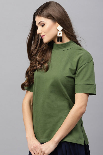 Women's Olive Boxy Turtle Neck Sweatshirt