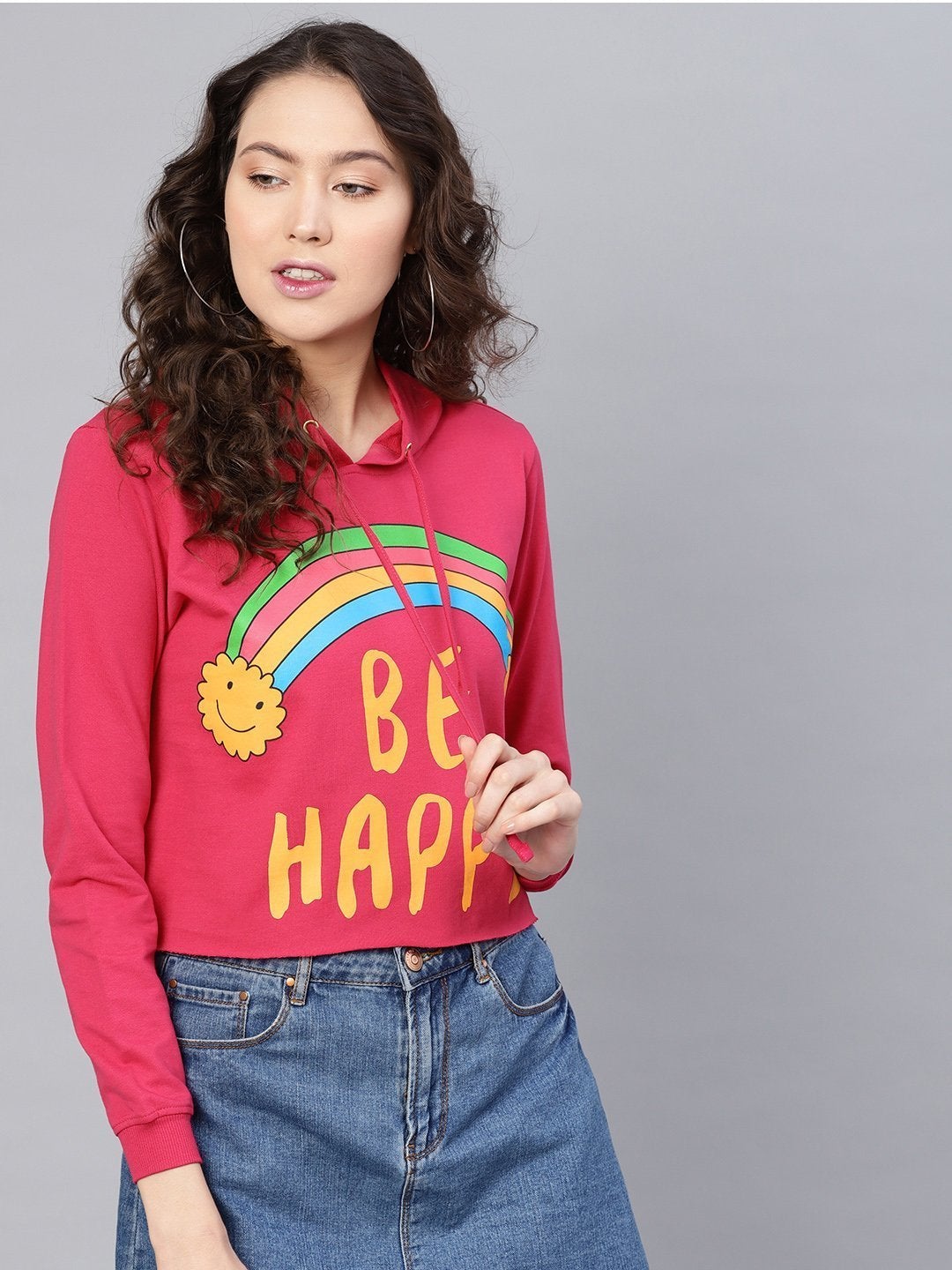 Women's Fuchsia Rainbow Print Crop Hoodie
