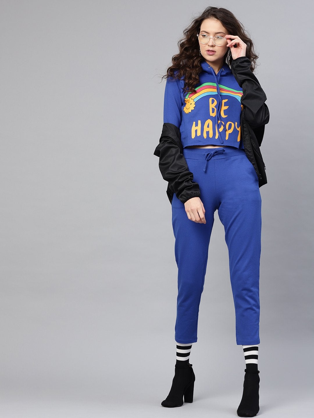 Women's Blue Rainbow Print Crop Hoodie