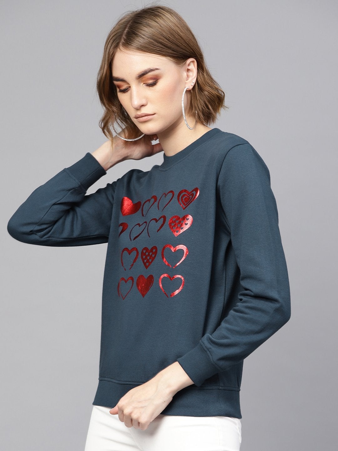 Women's Teal Heart Foil Print Sweatshirt