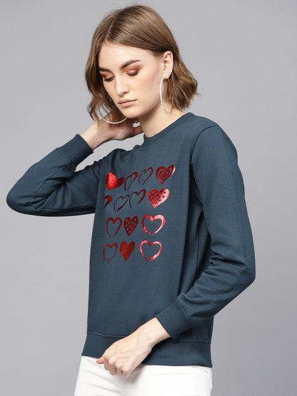 Women's Teal Heart Foil Print Sweatshirt