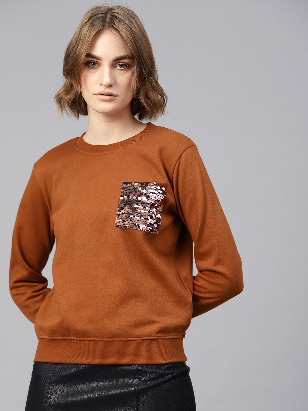Women's Brown Sequin Pocket Detail Sweatshirt