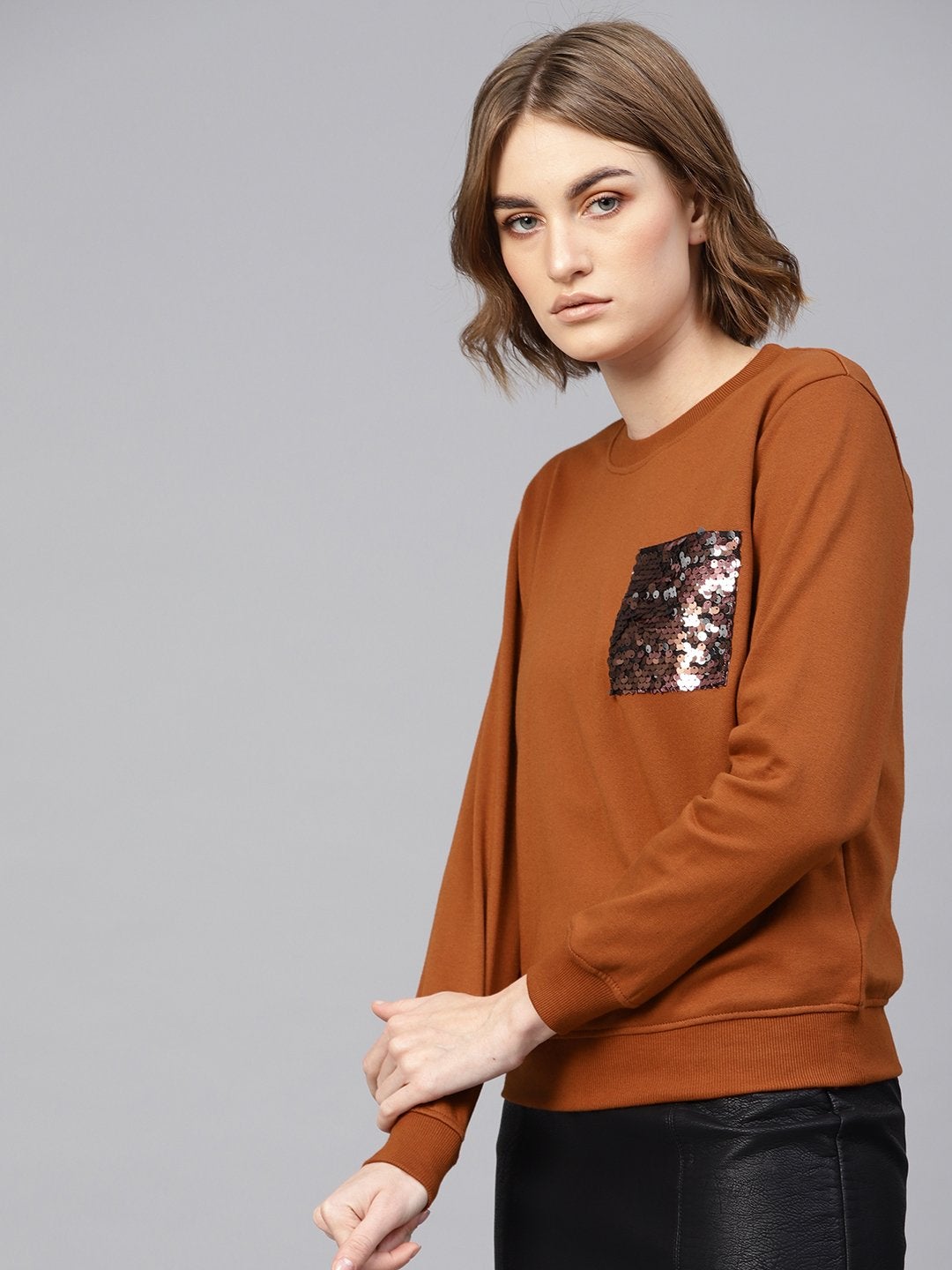 Women's Brown Sequin Pocket Detail Sweatshirt