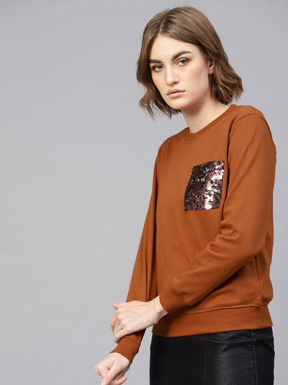 Women's Brown Sequin Pocket Detail Sweatshirt