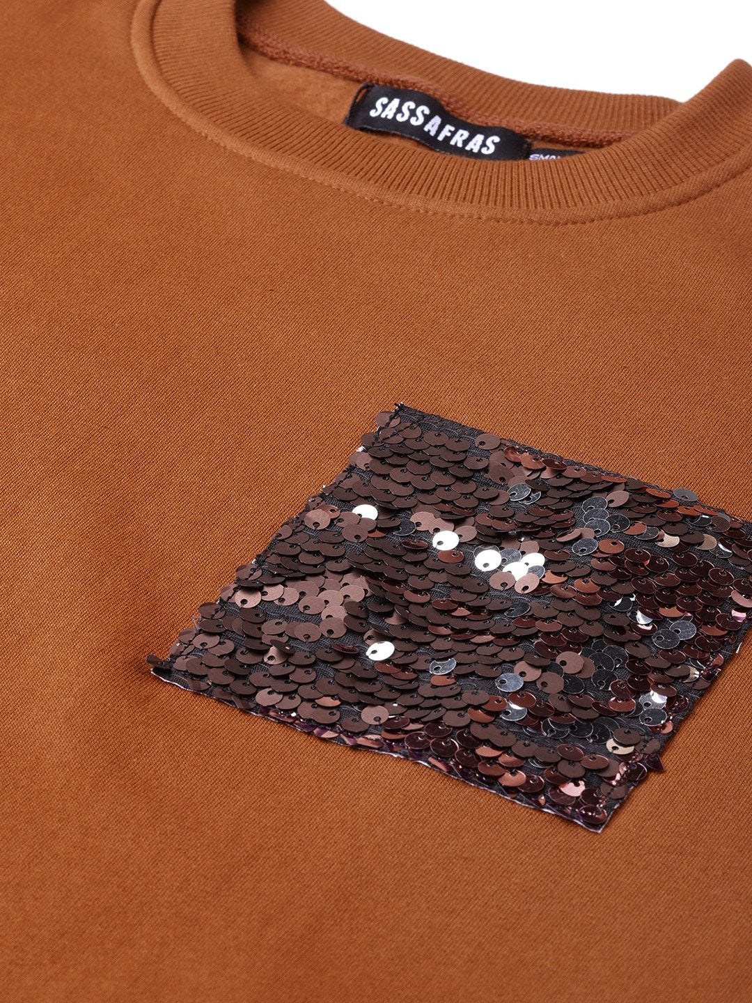 Women's Brown Sequin Pocket Detail Sweatshirt
