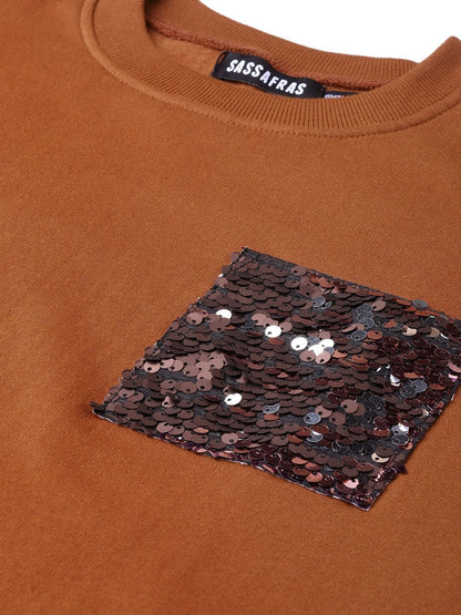 Women's Brown Sequin Pocket Detail Sweatshirt