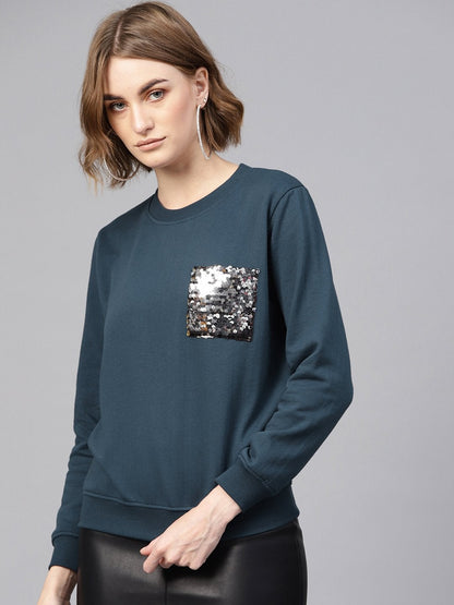 Women's Teal Sequin Pocket Detail Sweatshirt