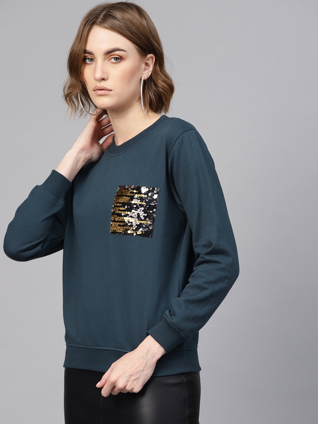 Women's Teal Sequin Pocket Detail Sweatshirt