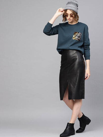 Women's Teal Sequin Pocket Detail Sweatshirt