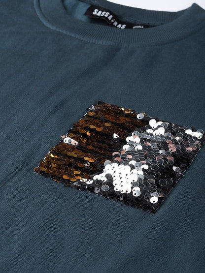 Women's Teal Sequin Pocket Detail Sweatshirt