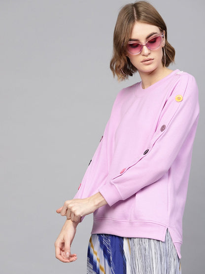 Women's Lavender Button On Sleeves Sweatshirt