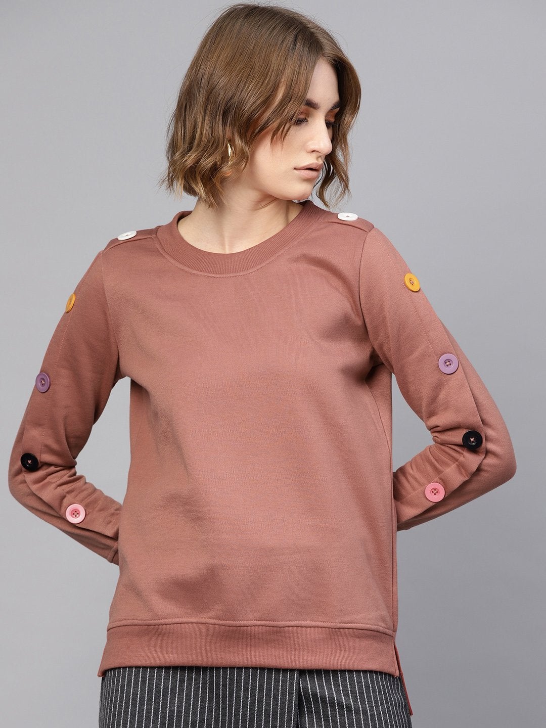 Women's Dusty Pink Button On Sleeves Sweatshirt