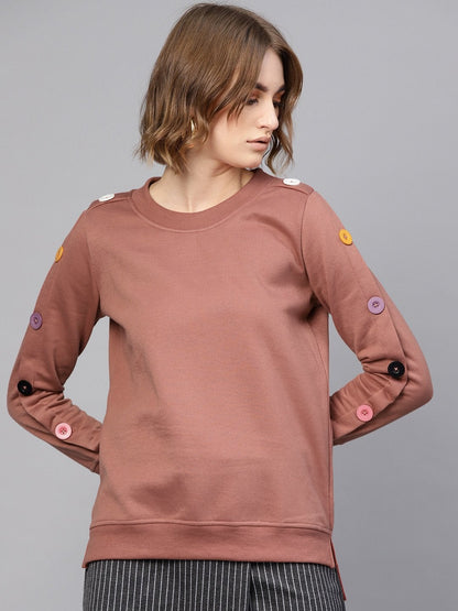 Women's Dusty Pink Button On Sleeves Sweatshirt