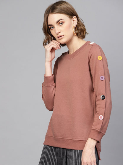 Women's Dusty Pink Button On Sleeves Sweatshirt