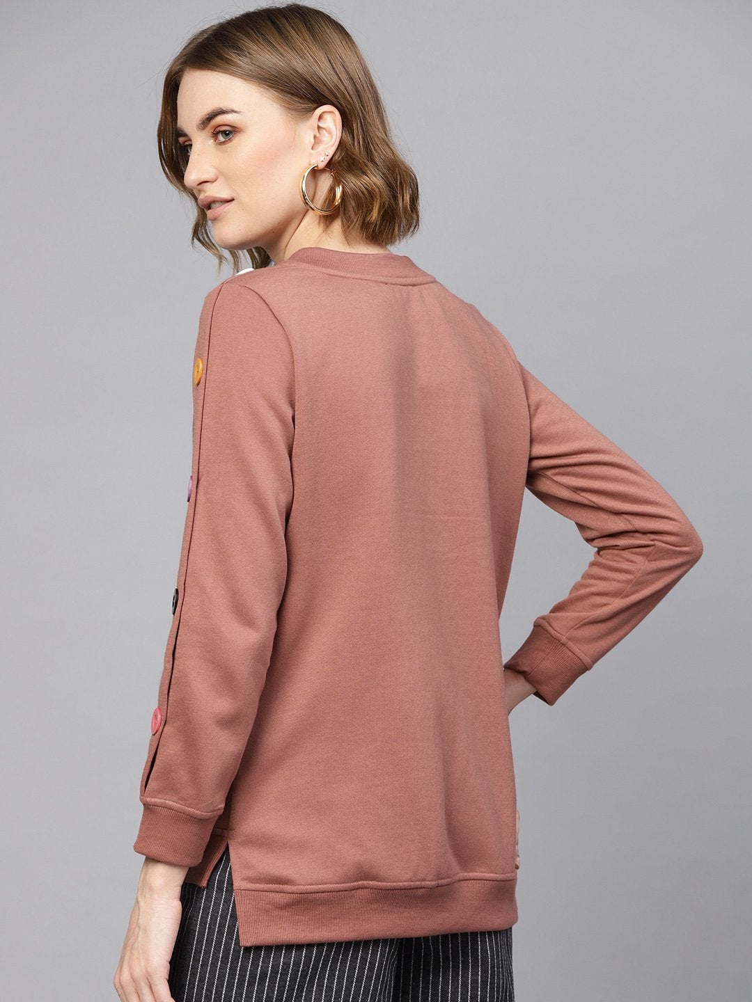 Women's Dusty Pink Button On Sleeves Sweatshirt