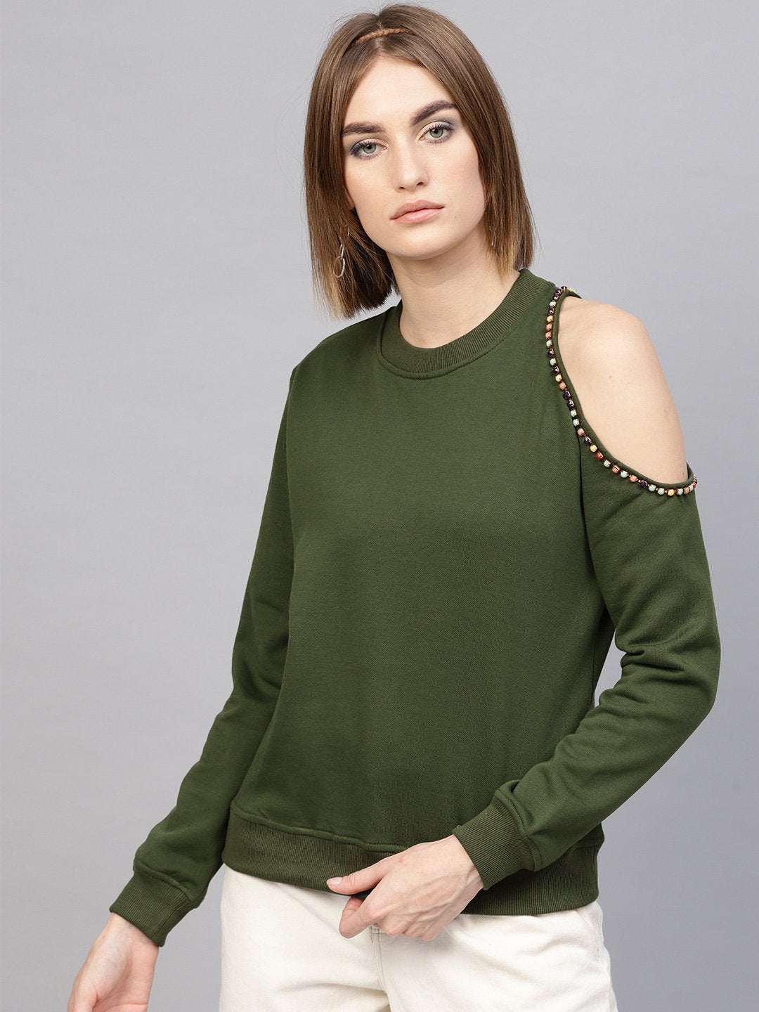 Women's Olive One Cold Shoulder Sweatshirt