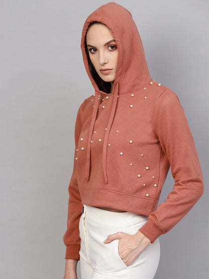 Women's Dusty Pink Pearl Front Crop Hoodie