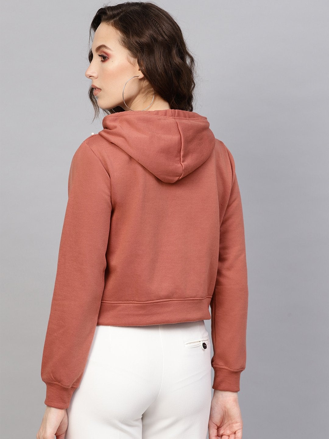 Women's Dusty Pink Pearl Front Crop Hoodie