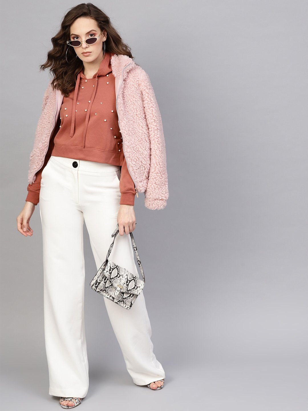 Women's Dusty Pink Pearl Front Crop Hoodie