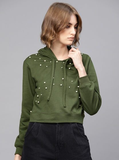 Women's Olive Pearl Front Crop Hoodie