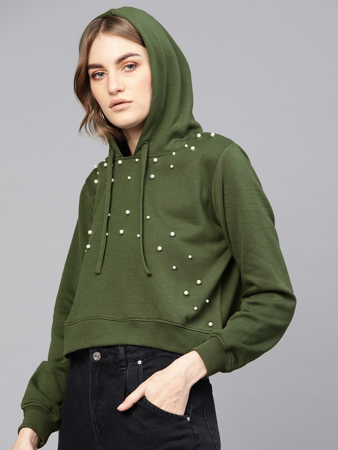 Women's Olive Pearl Front Crop Hoodie
