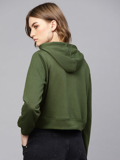 Women's Olive Pearl Front Crop Hoodie