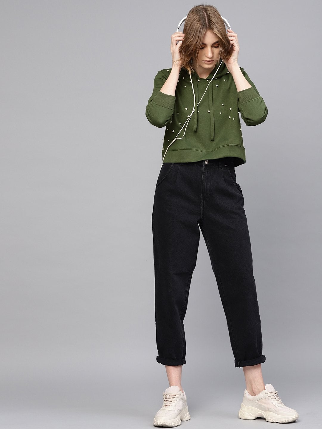Women's Olive Pearl Front Crop Hoodie