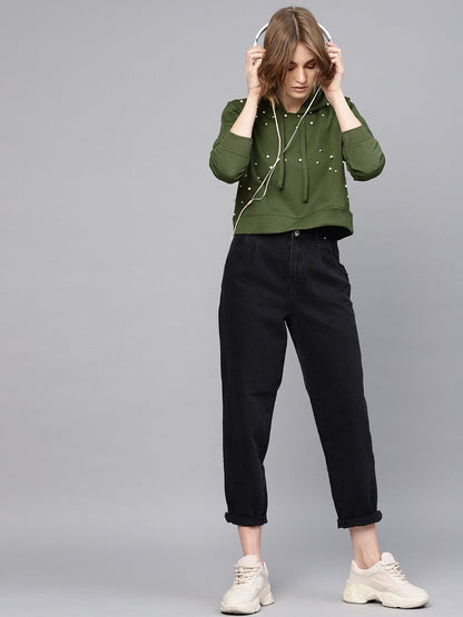Women's Olive Pearl Front Crop Hoodie