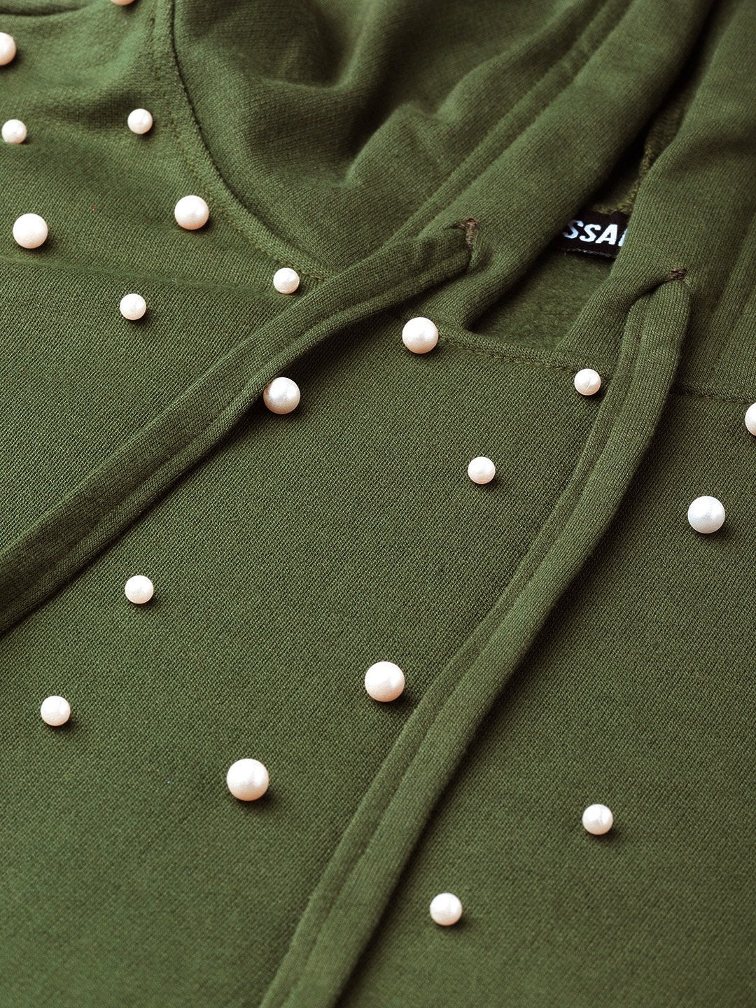 Women's Olive Pearl Front Crop Hoodie