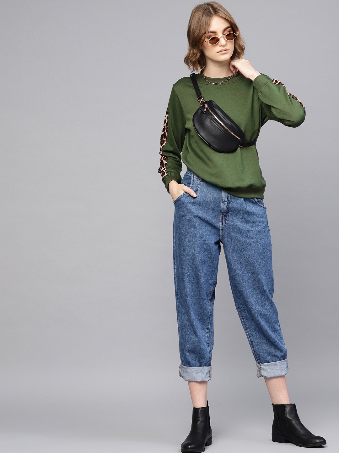 Women's Olive Cheetah Print Tape Sweatshirt