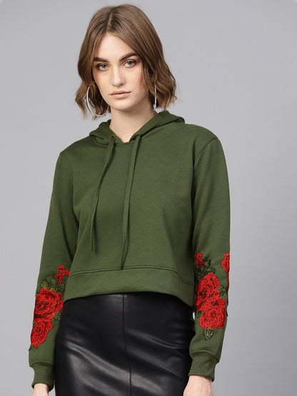 Women's Olive Floral Patch Crop Hoodie