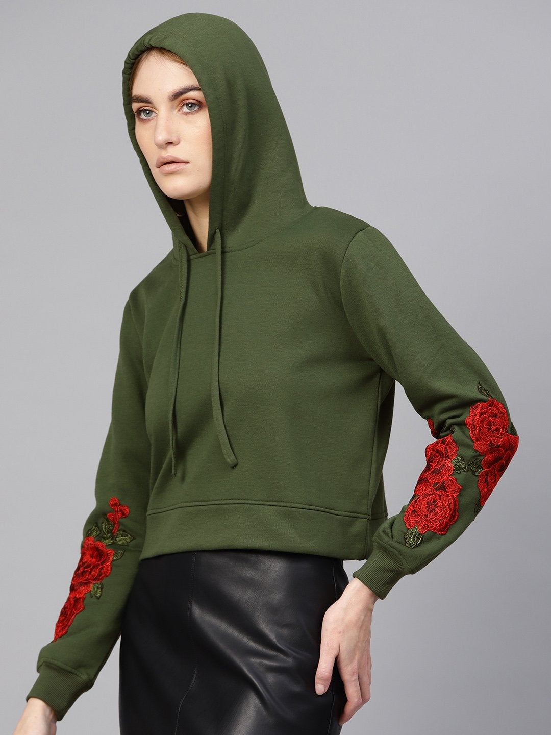 Women's Olive Floral Patch Crop Hoodie