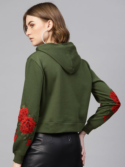 Women's Olive Floral Patch Crop Hoodie