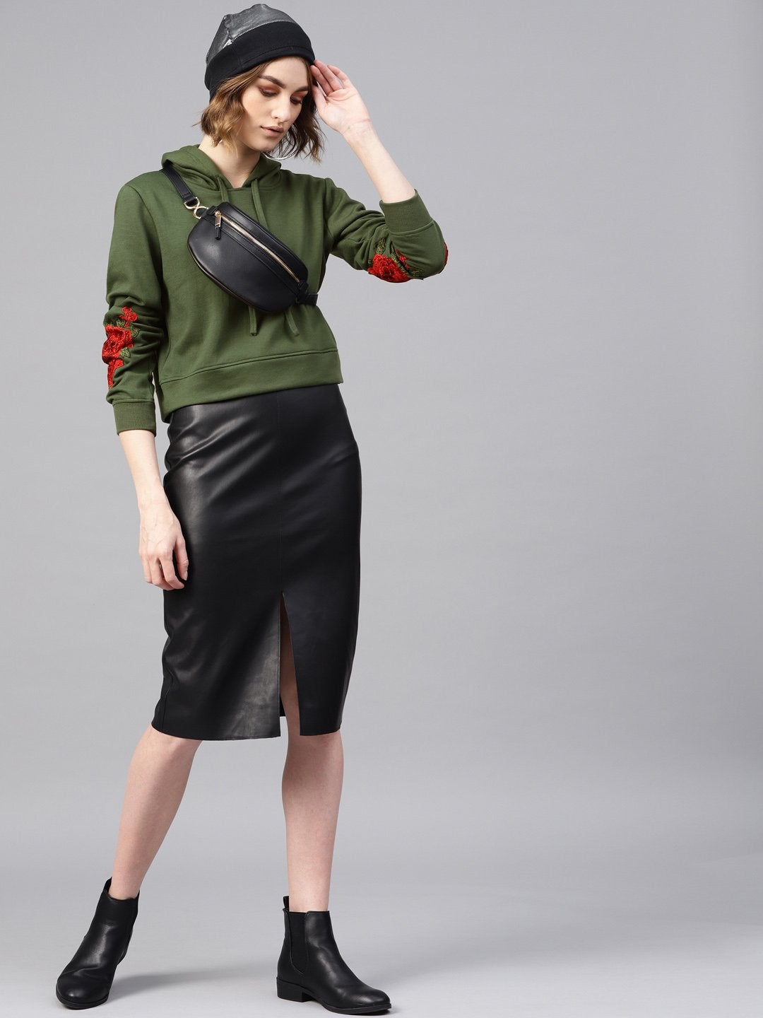 Women's Olive Floral Patch Crop Hoodie