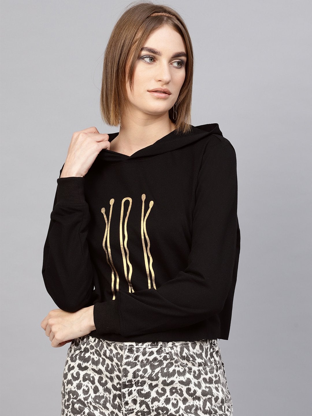 Women's Black Hair Pin Print Crop Hoodie
