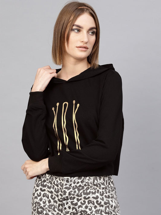 Women's Black Hair Pin Print Crop Hoodie
